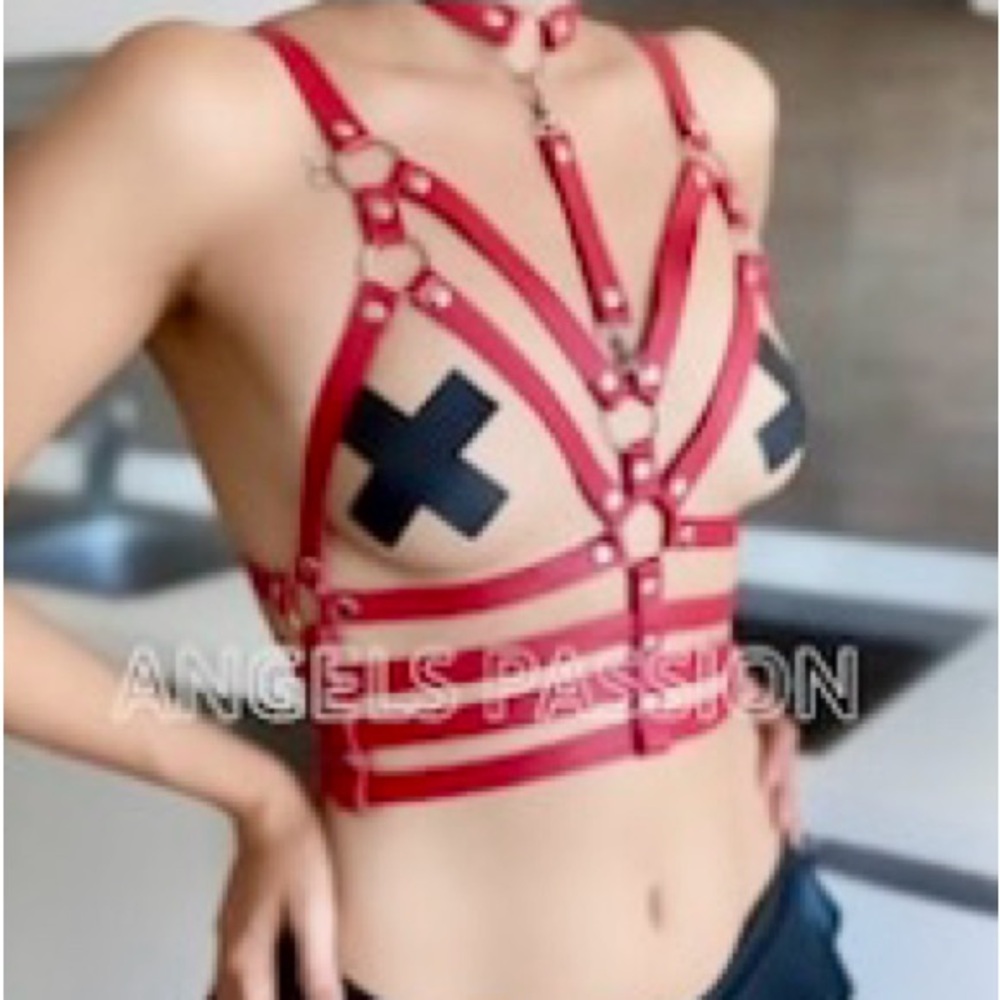 Beautiful red leather harness lingerie
